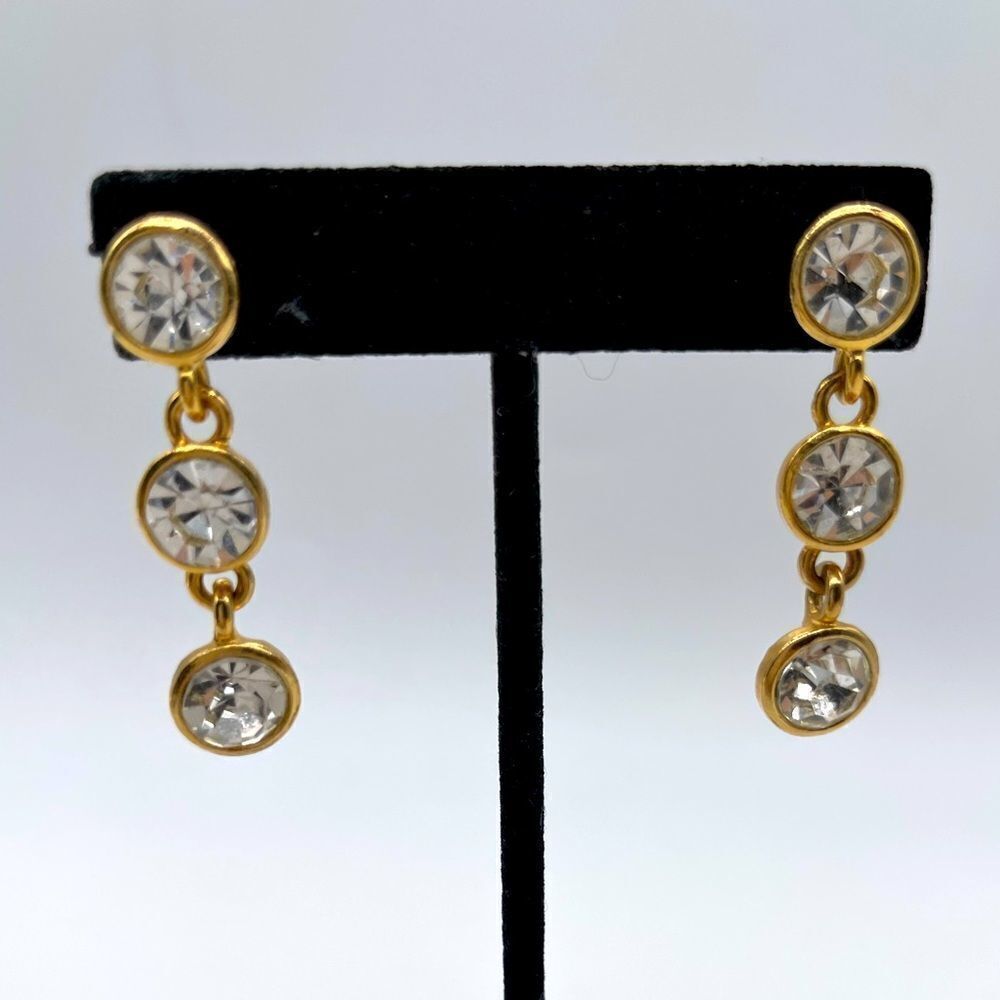 Triple Crystal Drop Earrings Gold Tone